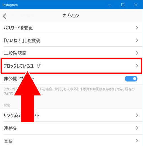 Windows10版インスタアプリのオプション画面