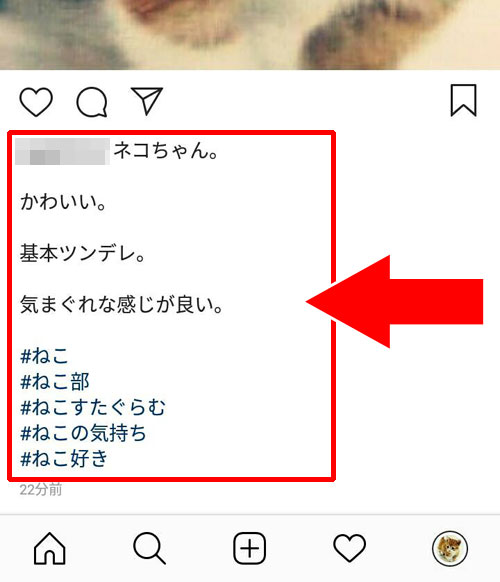 android版インスタアプリでキャプションを見た時|インスタのキャプションで使える複数改行方法(文章やタグの改行)