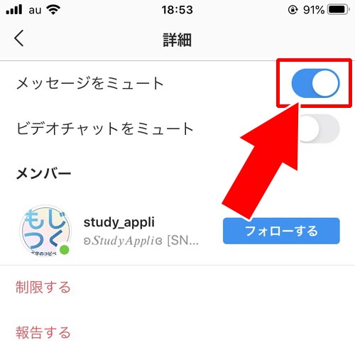 DMのメッセージ画面からミュートする・解除する|インスタのDMでミュート方法!メッセージをミュートしてもDMは届くし既読もつきます